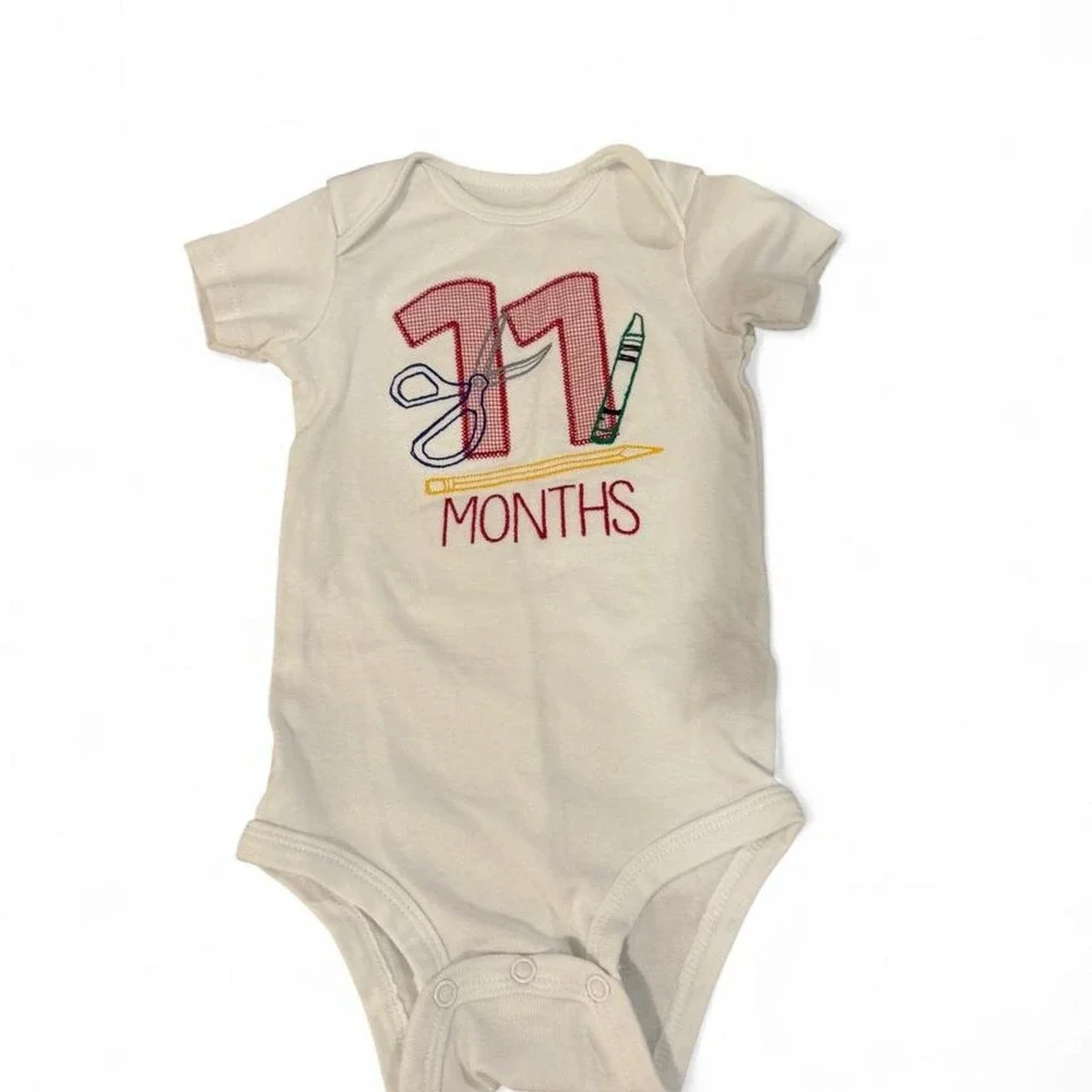 Carters Baby 11 Months Milestone Bodysuit White Short Sleeve School Theme 12M